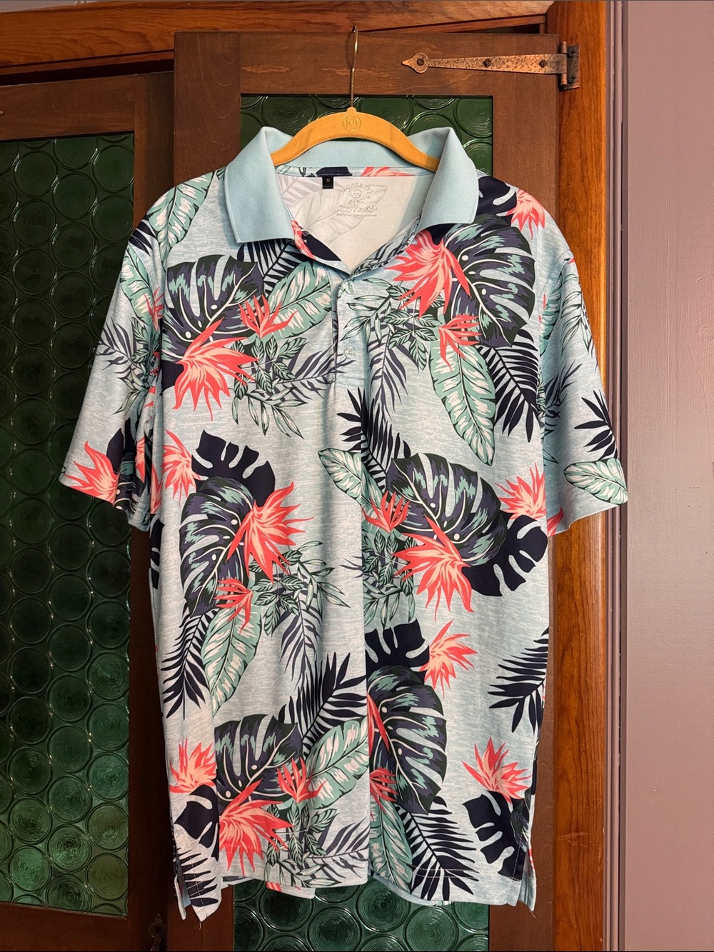 Men's Tropical Floral Polo Shirt in Teal and Coral